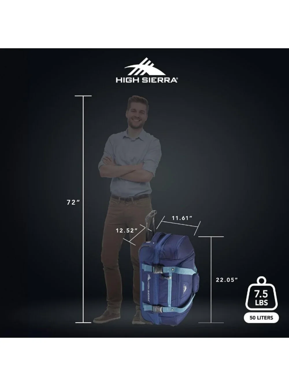 Lightweight 22” Wheeled Rolling Duffle Bag, Durable Weekender Travel Bag, 50L